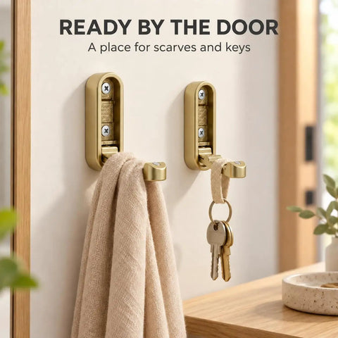 Big Shot Heavy Duty Foldable Wall Hooks Built From Tough Zinc Alloy Featuring A Clean Gold Tone for hanging scarves and keys.