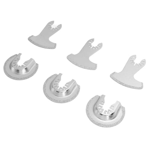 Carbide Oscillating Saw Blades Set, 6 Piece Segment Blades For Concrete, Grout, Tile, Masonry And Soft Stone Cutting And Grinding displayed.
