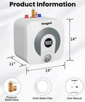 Game Changer 4 Gallon Electric Mini Tank Water Heater With Sleek Digital Display And 1500W Fast Turnaround Heating For Under Sink Kitchen Or Camper Build Dishing Out Hot Water Nonstop, showing dimensions and connections.