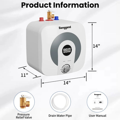 Game Changer 4 Gallon Electric Mini Tank Water Heater With Sleek Digital Display And 1500W Fast Turnaround Heating For Under Sink Kitchen Or Camper Build Dishing Out Hot Water Nonstop, showing dimensions and connections.