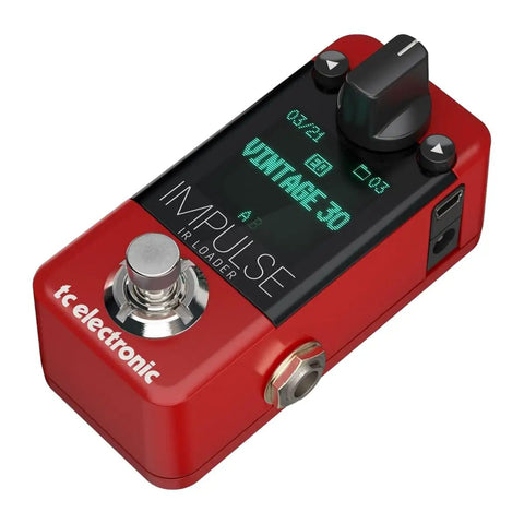 Impulse IR Loader Guitar Pedal With Cab Simulator And IR Loader 25 Built In IRs And 74 Empty Slots for Your Own IRs Pre Loaded With 12 Official Celestion Cabs shown in red with display screen and dial.