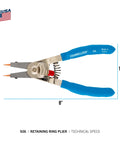 6.5 Inch Retaining Ring Pliers For Auto And Machinery, Heavy Duty Snap Ring Tool With Easy Grip Handles, Precision Tips, Model 926