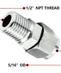Stainless steel compression fitting ferrule, close-up view, 1/2 in NPT male, 5/16 in tube OD, straight adapter
