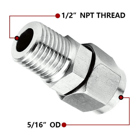 Stainless steel compression fitting ferrule, close-up view, 1/2 in NPT male, 5/16 in tube OD, straight adapter