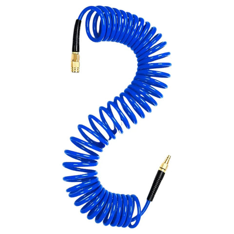 Coiled Air Hose One Quarter Inch Fits Air Compressors For Tire Inflation Auto Repair Work Spring Design Stops Tangles Keeps Workspace Clean Handles High Pressure Pneumatic Tools Like A Boss For Pros Who Hate Mess And Want Solid Gear That Never Fails Ever blue PU hose with brass fittings