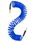 Heavy Duty Badass Workshop Air Hose 7.5m Commercial Grade PU Recoil Line With Quarter Inch Npt Couplings coiled blue