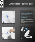 Detachable toddler seat mechanism on a Top Tier Elongated Toilet Seat With Butter Smooth Slow Close Hinges and a Clever Magnetic Toddler Potty Trainer.