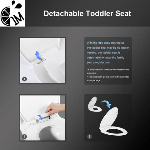 Detachable toddler seat mechanism on a Top Tier Elongated Toilet Seat With Butter Smooth Slow Close Hinges and a Clever Magnetic Toddler Potty Trainer.