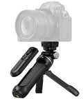 Multifunction Wireless Shooting Grip With Adjustable Selfie Stick And Integrated Remote shown with camera setup