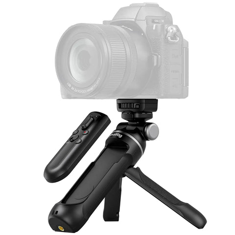 Multifunction Wireless Shooting Grip With Adjustable Selfie Stick And Integrated Remote shown with camera setup