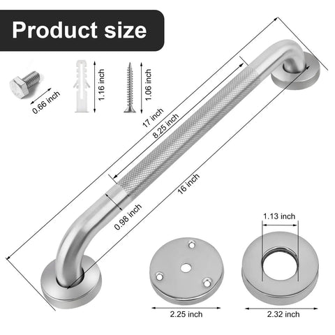 Diagram of 2 Pack 16 Inch Stainless Steel Bathroom Grab Bars With Anti Slip Grip, Heavy Duty 500 Lb Load Capacity, mounting hardware included