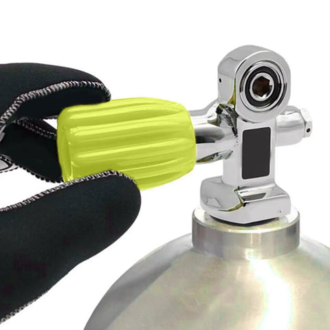 Long Yellow Handwheel Knob For Underwater Diving Cylinder Valve With Ergonomic Anti Slip Design in use by diver