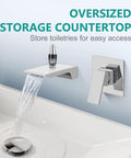 Wall Mount Bathroom Faucet With Waterfall Spout, Brass And Polished Chrome Finish, single handle above white sink