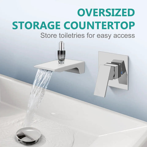 Wall Mount Bathroom Faucet With Waterfall Spout, Brass And Polished Chrome Finish, single handle above white sink