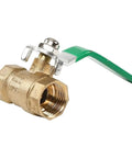 One Half Inch Hardcore Brass Ball Valve With Snappy Lever Handle Built For Copper Plumbing Shut Off Upgrades Featuring Leak Free Male Female Fittings That Stay Sealed Tight, showing brass body and green handle.