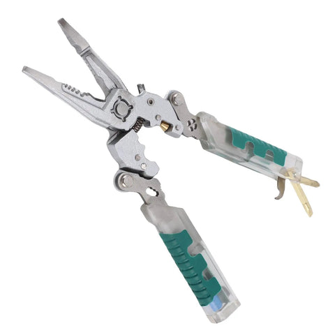 Heavy Hitter Multifunctional Wire Stripper With Crimper Cutter And Non Contact Voltage Tester silver pliers with green grips for electrical work