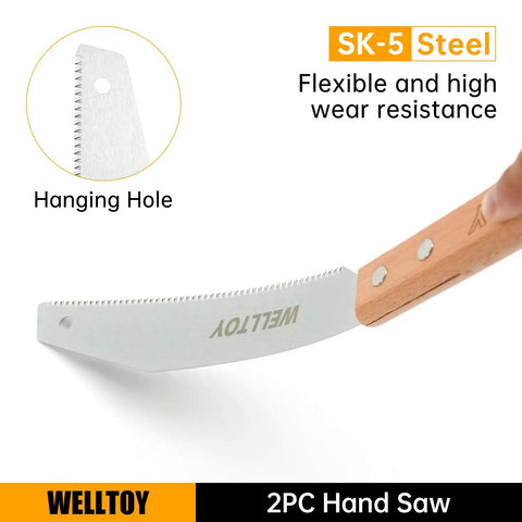 Close-up of Two Piece Japanese Hand Saw Set with 6 Inch Flush Cut Saw showing SK5 flexible blade, anti-slip handle, 17 TPI.