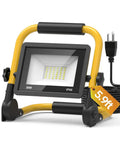 Powerful 3600 Lumen LED Work Light with 30W 6000K flood beam, IP66 waterproof, showing 5.9ft cord and switch, portable for job sites and workshops