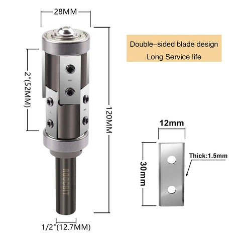 Pro Grade Flush Trim Router Bit With Replaceable Blade And Double Bearings, Half Inch Shank, Two Inch Cut Length, Six Flutes For Clean Edge Finishes, Rust Resistant Electroplated Construction, Lifespan Much Longer For Pro Trim Jobs