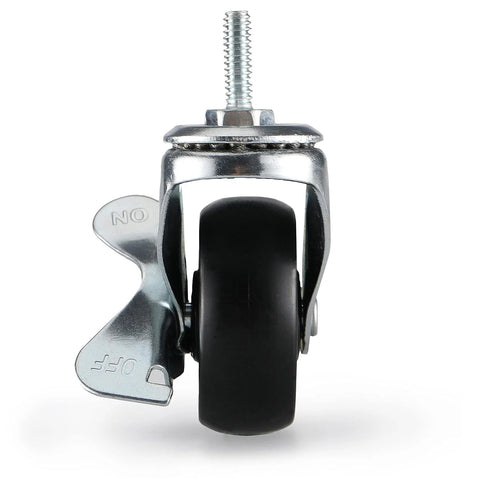 Front view of a single caster wheel from a Set Of 4 Wire Shelf Caster Wheels For 0.75 Inch Post Shelving Posts with a locking mechanism.