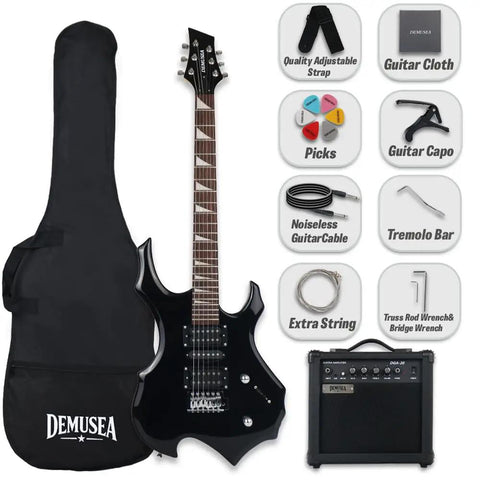 39 Inch Electric Guitar Beginner Friendly Starter Kit With 20W Amplifier Bundle, includes gig bag, strap, capo, picks, cable, wrenches.
