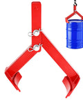 Heavy Duty Vertical Drum Lifter For 55 Gallon Steel Or Plastic Barrels Handles Up To 1100 Pounds with red lifting grip and blue barrel.