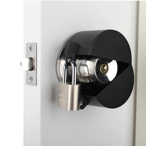 Built Tough Door Knob Lockout Cover Keeps Spaces Locked Down With Zero Drama Blocks knob turning with padlock on door.