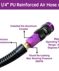 One Quarter Inch Polyurethane Air Hose Reinforced Lightweight Compressor Tubing Finish Safe And Slick Built Tough With Zero Drag For Auto Repair And Real Shop Grind Daily showing purple coupler and bend restrictor.