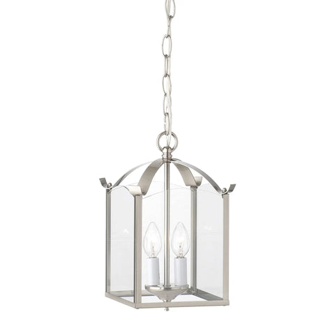 Whitmore 2-Light Chandelier in Brushed Nickel With Clear Glass Panels, showing the two candelabra bulb sockets.