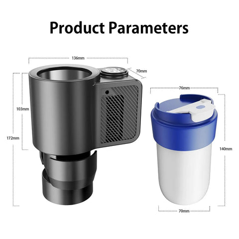 Road Warrior Ready 2 In 1 Car Heating Cooling Cup dimensions and design with digital display and lid for coffee on the go.