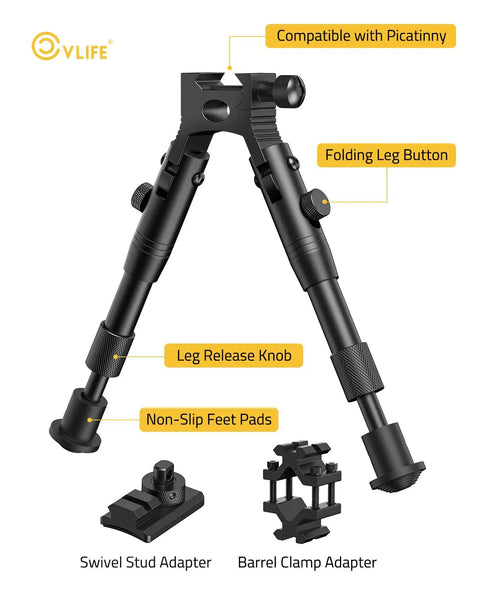 Three In One Rifle Bipod With Picatinny Rail Mount Swivel Stud And Barrel Clamp Adapters Adjustable Height From 6.3 To 7 Inches