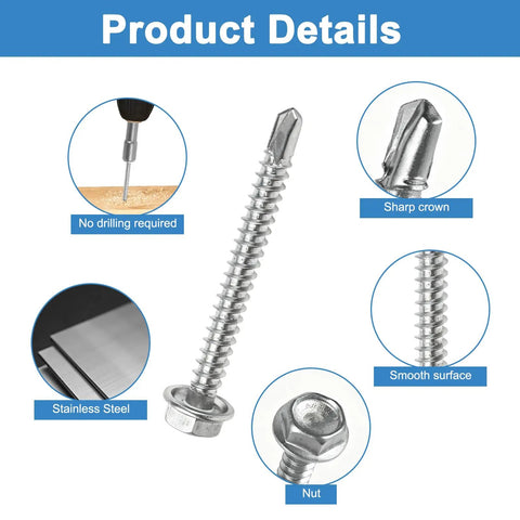 Hardcore 170 Piece Hex Head Self Tapping Screw Assortment Kit With Rustproof Stainless Steel Fasteners And Organized Carry Case For Diy Repairs And Construction Jobs That Truly Kick Butt Every Day, features showing sharp crown and nut.
