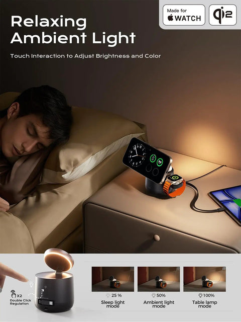 Top Shelf Qi2 Magnetic Wireless Charging Hub Featuring Rock Solid 15W Fast Juice Transfer And Genuine MFi Certified Apple Watch Stand For iPhone 17 Through 12 Series Plus AirPods With Straight Up Dependable 65W Power Brick Included, use of ambient light and phone charging.