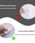 Long Indoor Extension Cord With Switch On Off 3 Prong 18 AWG 6.56 Foot Length NEMA 5-15P To NEMA 5-15R SVT Wire White 125V 3A shown with easy switch use and plug in setup.