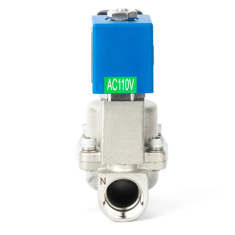 Front view of Heavy Duty Three Quarter Inch High Pressure Solenoid Valve 100 Bar Stainless Steel 110V AC for water and gas control.
