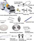 Heavy Duty 750W Rotary Tool And Bench Grinder With Variable Speed Up To 10000 RPM features a cutting and drilling machine, blades, and accessories.