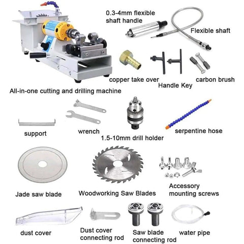 Heavy Duty 750W Rotary Tool And Bench Grinder With Variable Speed Up To 10000 RPM features a cutting and drilling machine, blades, and accessories.