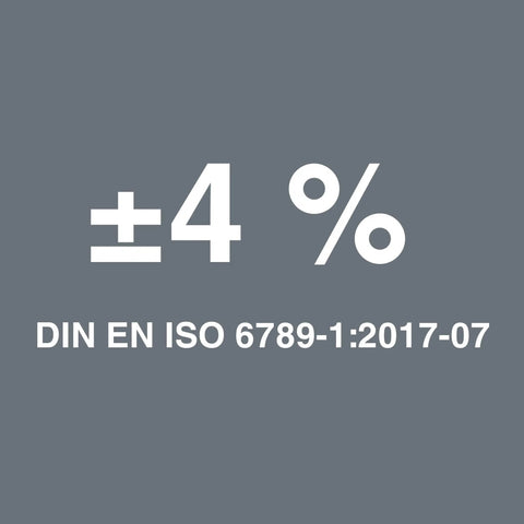 Gray background with text showing measurement tolerance: ±4%, DIN EN ISO 6789-1:2017-07 standard.