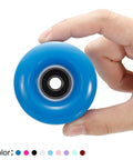 Blue PU skate wheel held between fingers, 32 x 58mm with 82A hardness and 608RS bearings, quad replacement part for indoor outdoor use.