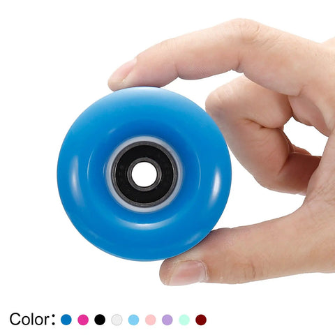 Blue PU skate wheel held between fingers, 32 x 58mm with 82A hardness and 608RS bearings, quad replacement part for indoor outdoor use.