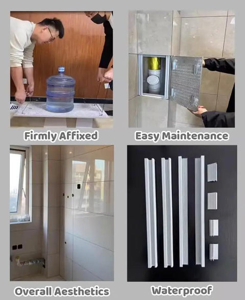 Hidden Tile Access Panel Aluminum Wall Inspection Cover 36X36 Inch flush mount installation with a water bottle for easy maintenance.