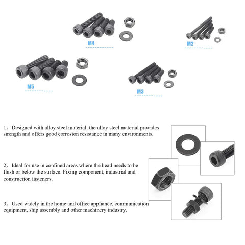 1220 Piece M2 M3 M4 M5 Hex Socket Head Cap Bolts Set With Nuts Washers Screws And Hex Wrenches In Twelve Point Nine Grade Alloy Steel Heavy Duty Kit