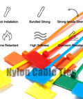 Nylon Cable Marker Ties Set For DIY Pros, 6 Inch Self Locking Wire Tags in 6 colors showing features like flame retardant and high softness