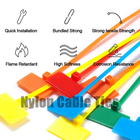 Nylon Cable Marker Ties Set For DIY Pros, 6 Inch Self Locking Wire Tags in 6 colors showing features like flame retardant and high softness