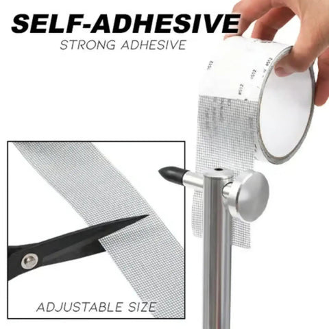 Strong Adhesive Window Screen Repair Tape With Fiberglass Mesh Patch held, showing flexibility and cutting option for quick fixes.