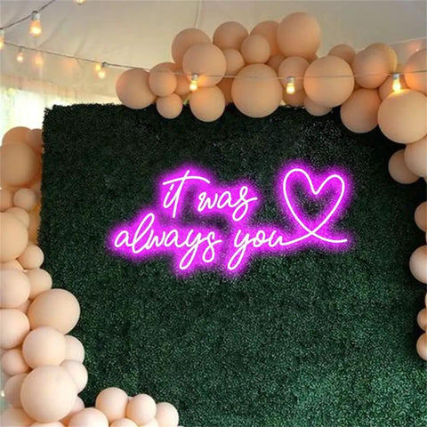 Pink neon LED sign reading 'it was always you' in event decor, Totally Lit Neon LED Sign USB Powered Acrylic Light 14.9x4.7 Inches.