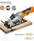 Extbtfor power mini circular saw with laser guide, orange/black, mounted on wooden cutting jig with fence.