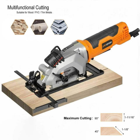 Extbtfor power mini circular saw with laser guide, orange/black, mounted on wooden cutting jig with fence.