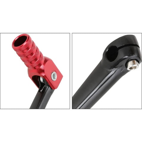 Close-up of CNC Aluminum Folding Gear Shift Lever for 50cc to 160cc Pit Bikes, Adjustable Angle, showing red tip and joint.