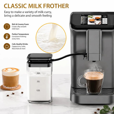 Top Shelf Fully Automatic Espresso Machine With Double Boiler And Built In Grinder For Smooth Daily Grind With 20 Bar Pressure and gray milk frother.